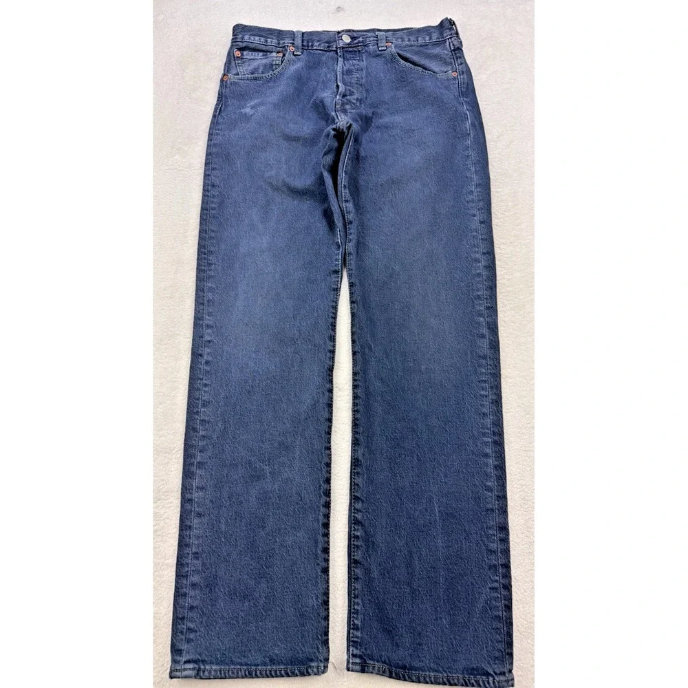 Levis 501 Jeans Mens 33x32 Blue Distressed Denim Straight Leg Button Fly